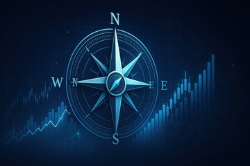 Poster - Navigational Compass: A sleek, modern compass rose overlaid against a backdrop of abstract, evolving financial data. It signifies direction, growth, and strategic decision-making. 