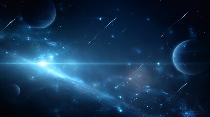 Wall Mural - A mesmerizing cosmic panorama featuring celestial bodies and luminous particles. The image is awash with a deep blue hue, evoking a sense of wonder and exploration of the cosmos. 