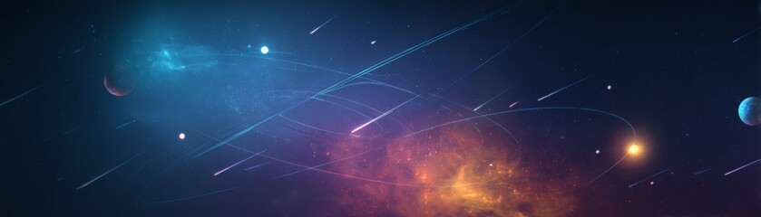 Wall Mural - A colorful space scene with nebulas, planets, and meteor showers. The image captures the vastness of the cosmos, filled with vibrant colors and celestial bodies.