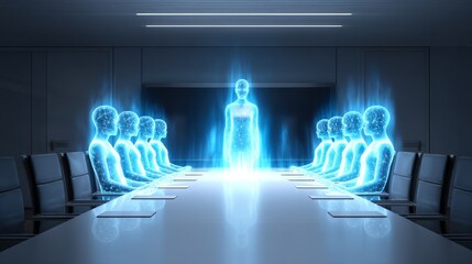 Poster - Future of Meetings: Virtual Collaboration - A futuristic depiction of a boardroom meeting with holographic participants, symbolizing modern virtual collaboration and remote teamwork