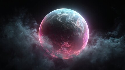 Wall Mural - An artist's vision of an alien planet with a bright atmosphere. A beautiful, glowing planet floats in the vastness of space with ethereal clouds surrounding it.
