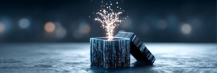 Poster - Futuristic Gift Box Unveiling Technological Tree - A glowing tree emerges from a futuristic gift box, symbolizing innovation, growth, technology, mystery