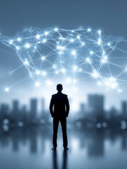 Poster - Global Business Network: A Cityscape Vision - A businessman stands before a network map symbolizing global connection, innovation, growth, future, and opportunity