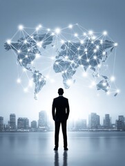 Poster - Global Business Network Connections - Silhouette of a businessman looking at a world map with interconnected nodes, representing global networking and connectivity