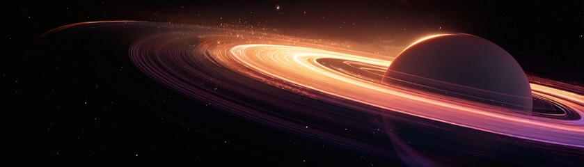 Wall Mural - An artistic depiction of a planet with surrounding rings in a cosmic setting. The image shows a celestial body illuminated by light, with radiant rings, set against the dark expanse of space. 