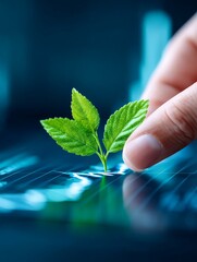 Aufkleber - Green Growth Investment Strategy - A finger gently touches a sprout emerging from a screen, symbolizing sustainable investment and growth