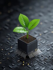 Poster - Green Tech Sprout - A small plant grows from a microchip, symbolizing sustainable technology and environmental consciousness