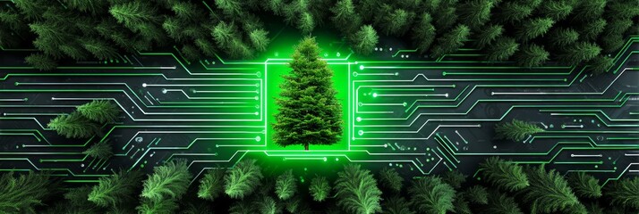 Poster - Green Tech Tree: Nature Meets Circuitry - Symbolize eco-friendly technology, sustainable innovation, forestry, environmental conservation, and technological growth