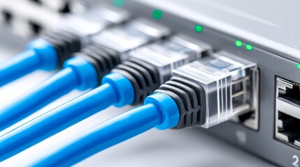 Poster - High Speed Network Connectivity - Close-up of blue ethernet cables plugged into a network switch, showcasing fast and reliable internet connection