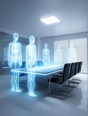 Poster - Holographic Figures in Modern Conference Room - Futuristic scene of translucent holographic human figures gathered around a sleek, modern conference table in a bright, minimalist office