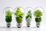 A set of green plants growing inside light bulbs, isolated on a diffrent collers or white background, showcasing eco-friendly creativity.