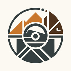 Poster - Visual minimalist logo design for photography studio featuring geometric shapes representing landscapes and a camera lens in earthy tones