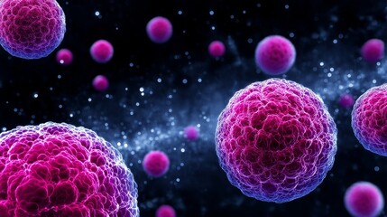 Poster - Microscopic Cellular Structures - Detailed of vibrant pink and purple cells, floating against a dark blue background with sparkling particles. Ideal for scientific or medical contexts