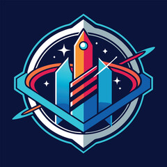 Poster - Innovative vector logo design representing a futuristic space manufacturing company featuring a rocket and structures in a stylized space environment