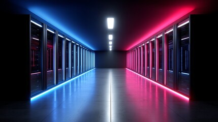 Poster - modern data center corridor - sleek data center hallway with vibrant blue and pink neon lighting, sh