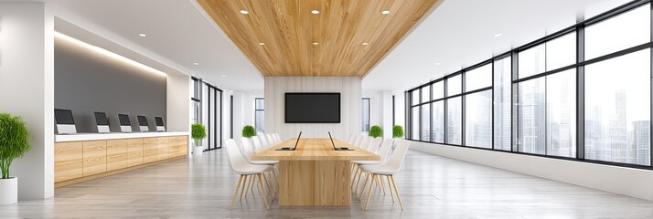 Poster - Modern Office Conference Room Design - Contemporary conference room with large windows, wooden table, and white chairs. Ideal for business meetings and presentations