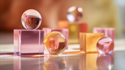 Poster - A still life of transparent spheres and cubes in pink and orange tones on a reflective surface