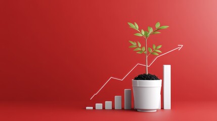 Poster - Plant Growth and Financial Success - A small plant in a pot grows alongside an upward trending graph, symbolizing growth and financial success. Red background