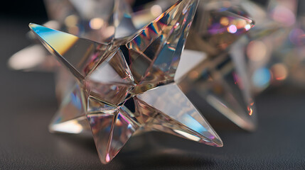 Poster - Close up of crystal star shaped ornaments reflecting light and colors on a dark surface