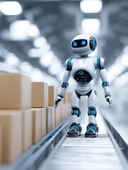 Poster - Robot Worker on Factory Conveyor Belt - A futuristic robot efficiently manages packages on a conveyor belt in a modern factory setting, symbolizing automation, efficiency, technology, progress
