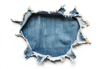 Poster - A close up of a hole in denim fabric against a plain white background in bright light