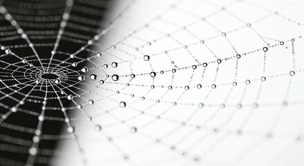 Spiderweb with Dew Droplets Close-up on Half Black and Half White Background
