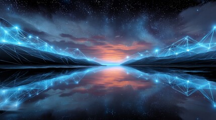 Poster - Sunset Landscape - Futuristic serene landscape, reflecting network, vibrant sunset, tranquil waters, starry night sky. Symbolizing technology, nature, connection, serenity, and innovation