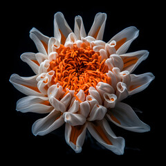 Poster - A stunning macro shot of a white and orange dahlia flower against a stark black background. It would be perfect for decorative prints or website headers.
