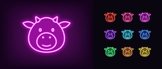 Poster - Outline neon cow face icon. Glowing neon cute cow head icon, calf emoji with smile. Cartoon cow emoji, calf head, baby bull, dairy farm, milk food, cute animal emoticon. Vector icon set