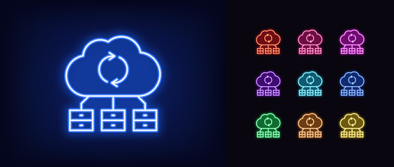 Poster - Outline neon cloud server icon. Glowing neon cloud infrastructure for secure data storage, digital space. Cloud computing technology, file datacenter, database update, data backup. Vector icon set