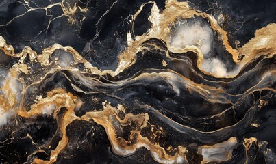 Poster - Elegant black and gold abstract marble texture with fluid patterns and metallic accents