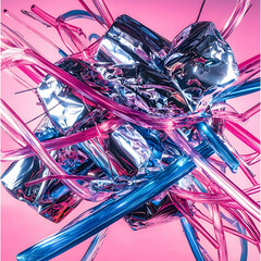 Poster - Abstract composition featuring shiny metallic forms intertwined with vibrant translucent tubes against a pink backdrop. Ideal for modern art projects.