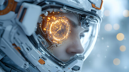 Poster - futuristic astronaut portrait with a glowing eye display. ideal for sci-fi book covers or concept ar