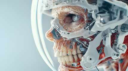 Poster - A futuristic cyborg skull depiction combining organic and mechanical elements. Suggests advanced medical technology or biomechanical enhancements within the human body.