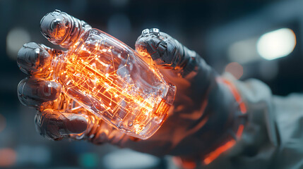 Poster - Cybernetic hand holds glowing vial with intricate circuitry suggesting futuristic medicine or technology. It could illustrate advancements in biotech research.