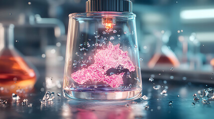 Poster - An abstract image showcasing a scientific experiment. Suggests research involving a pink structure within a glass container. Ideal for illustrating science or biotechnology.