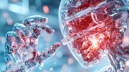 Poster - a detailed futuristic image showcasing a robot's hand reaching towards a robotic face possibly for c