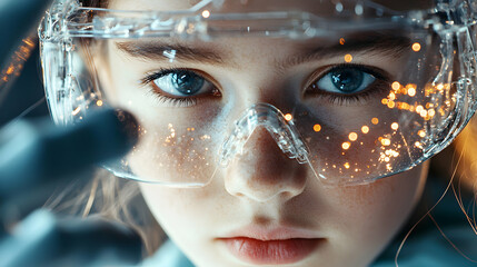 Poster - a close-up of a person's face wearing futuristic goggles. the image suggests scientific exploration 