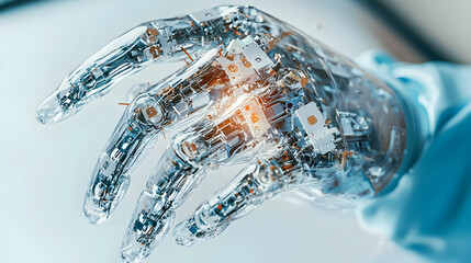 Poster - an intricate transparent robotic hand. demonstrates advanced technology futuristic engineering. pote