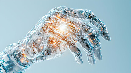 Poster - A futuristic robotic hand made of glass with glowing lights symbolizing technology and innovation. Use it for tech related visuals and sci-fi projects.