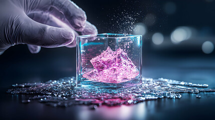 Poster - A gloved hand interacts with a cube containing a dissolving pink substance. Perhaps a futuristic experiment or a metaphor for transformation. Imagine its use for a scientific visualization.