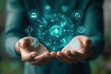 Poster - Person holding glowing digital interface with globe and various icons in their cupped hands