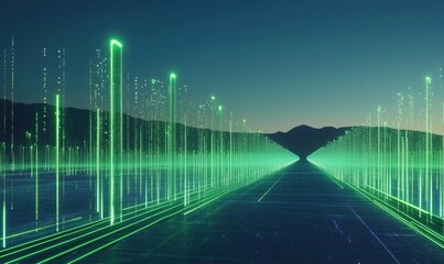 Aufkleber - Futuristic digital landscape with glowing green lines and mountains at dusk