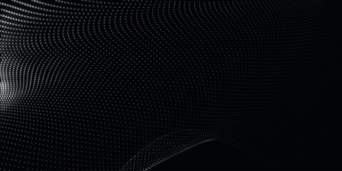 Poster - Futuristic dot wave. Abstract digital particle wave. Black and white music wave. Dark background. Digital background with smooth wavy curves. 3D vector illustration