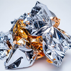 Poster - A close-up shot of crumpled foil showcasing silver and gold reflections. It could be used as a creative backdrop or a symbol of protection.