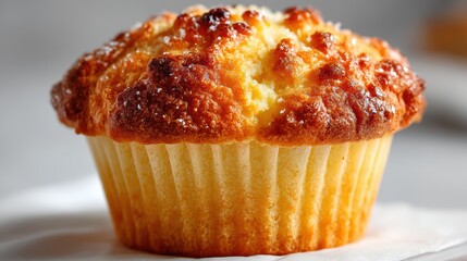 Poster - a close-up of a soft, golden muffin with a light, airy texture on a white isolated background, light and sweet design