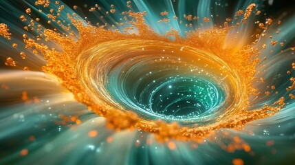 Poster - Vibrant swirling vortex with golden splashes and glowing particles in dynamic motion