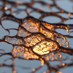 Poster - Abstract macro image of glowing textured surface with cell-like pattern. Use as a background for scientific artistic digital projects or website designs.
