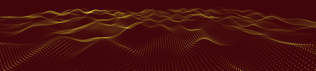 Poster - Futuristic dot wave. Abstract digital particle wave. Technology background. Colored musical wave. Dark background. Digital background with smooth, wavy curves. 3D vector illustration