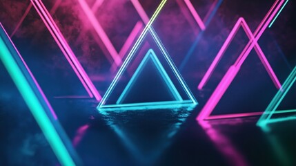 Poster - Neon geometric shapes with vibrant colors and reflections in dark environment